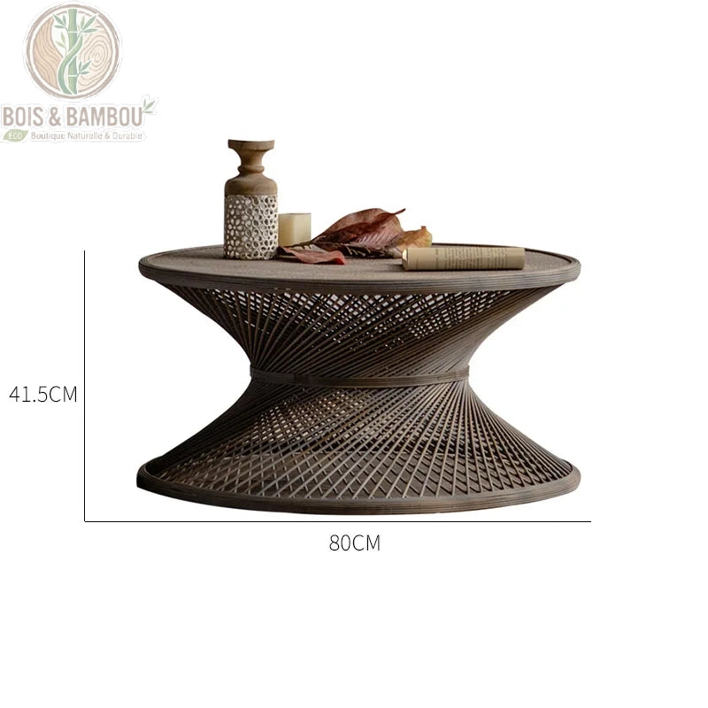 Table basse ronde en rotin et bambou grand foncée dimensions. Schéma d'une table basse en rotin foncé de 80 cm de diamètre et 41,5 cm de hauteur, au design sculptural en sablier avec décorations.