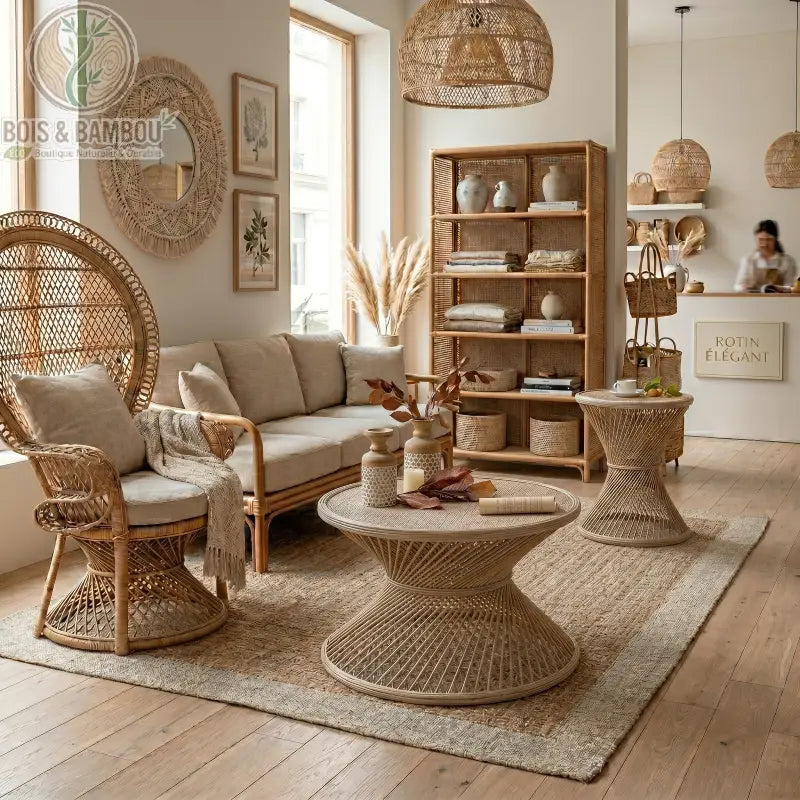 Table basse ronde en rotin et bambou grande. Salon lumineux au style naturel présentant une grande table basse en rotin tressé au design sculptural, assortie à un mobilier en bambou élégant.