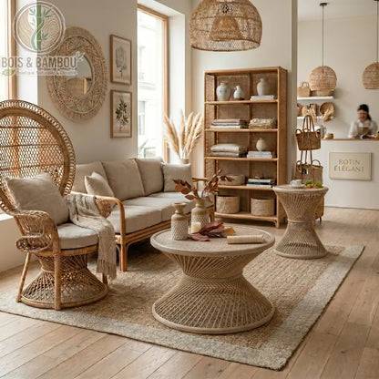 Table basse ronde en rotin et bambou grande. Salon lumineux au style naturel présentant une grande table basse en rotin tressé au design sculptural, assortie à un mobilier en bambou élégant.