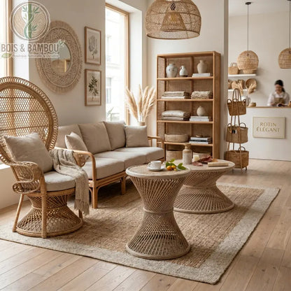 Table basse ronde en rotin et bambou petite. Salon bohème chaleureux mettant en scène une petite table basse en rotin tressé au design sablier, entourée d'un fauteuil paon et d'un mobilier naturel.
