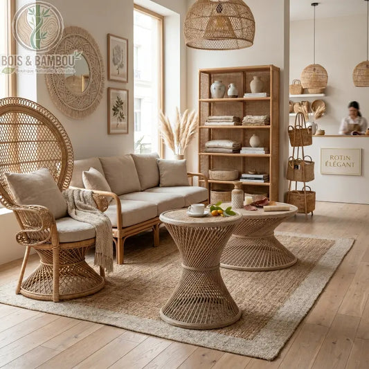 Table basse ronde en rotin et bambou petite. Salon bohème chaleureux mettant en scène une petite table basse en rotin tressé au design sablier, entourée d'un fauteuil paon et d'un mobilier naturel.