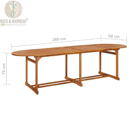 Table bois massif a Manger en Acacia dimension. Schéma technique d'une table ovale en acacia massif affichant ses dimensions généreuses : 280 cm de longueur, 90 cm de largeur et 75 cm de hauteur.