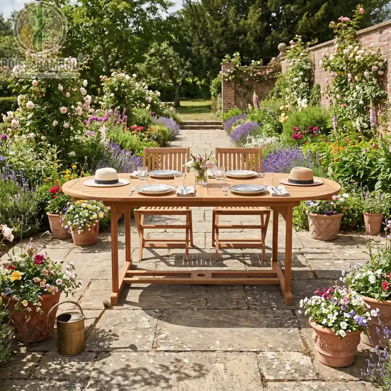 Table bois massif a Manger en Acacia situation. Grande table ovale avec chaises assorties dressée pour un repas dans un jardin fleuri, entourée de pots de fleurs et d'une allée pavée ensoleillée.