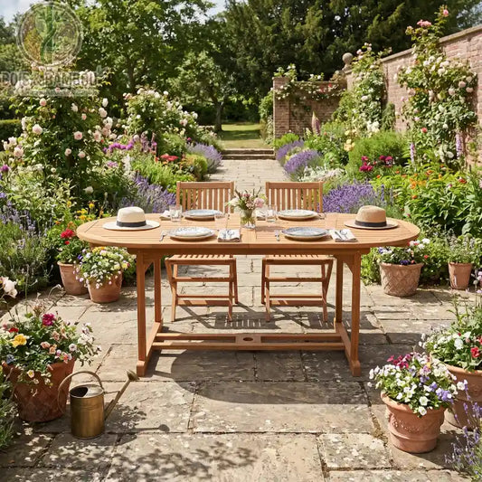 Table bois massif a Manger en Acacia situation. Grande table ovale avec chaises assorties dressée pour un repas dans un jardin fleuri, entourée de pots de fleurs et d'une allée pavée ensoleillée.