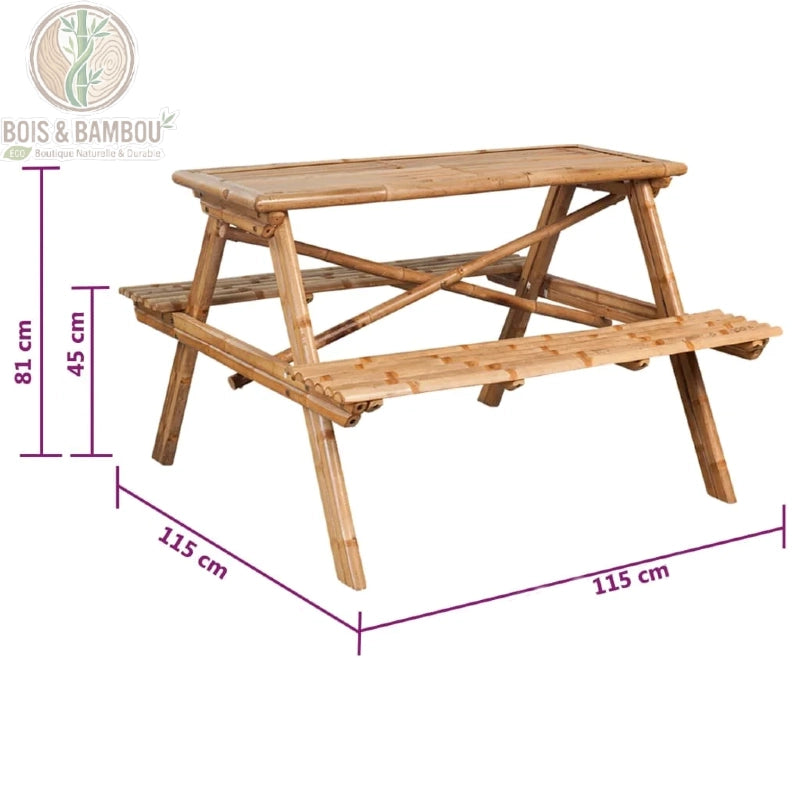 Table de Pique Nique Ilyan dimensions. Infographie d'une table de pique-nique en bambou avec bancs intégrés. Mesures : 115x115 cm au sol, hauteur totale de 81 cm et assise à 45 cm.
