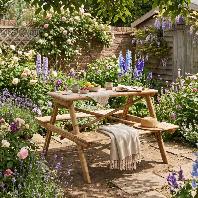 Table de Pique Nique Ilyan situation 1. Table de pique-nique avec bancs intégrés en tiges de bambou, installée dans un jardin fleuri avec nappe, livre et chapeau pour une ambiance bucolique et zen.