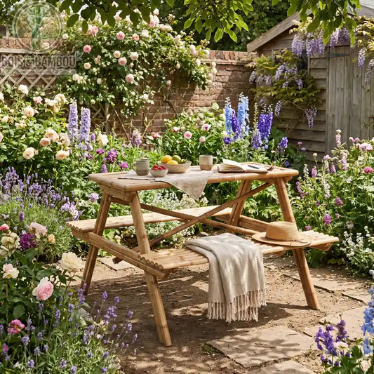 Table de Pique Nique Ilyan situation 1. Table de pique-nique avec bancs intégrés en tiges de bambou, installée dans un jardin fleuri avec nappe, livre et chapeau pour une ambiance bucolique et zen.