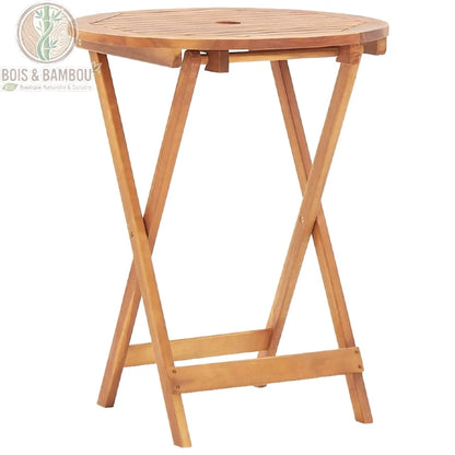 Table de jardin ronde acacia massif plateau à lattes et trou pour parasol