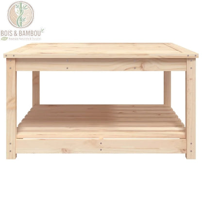 Table basse jardin pin massif carrée vue face plateau et étagère basse