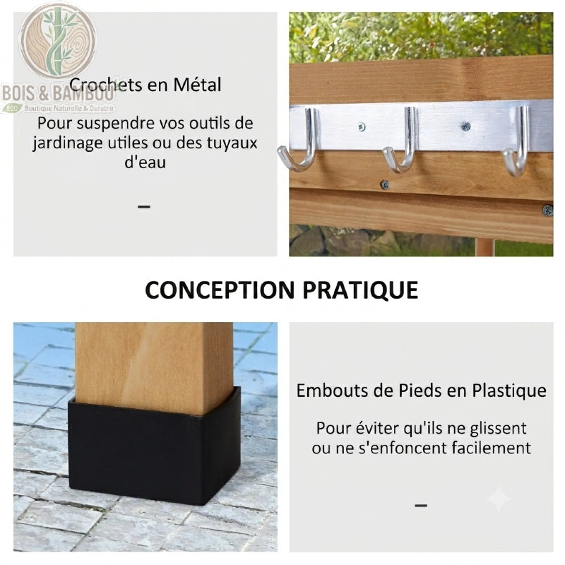Table rempotage bois crochets métal et embouts de pieds antidérapants détail