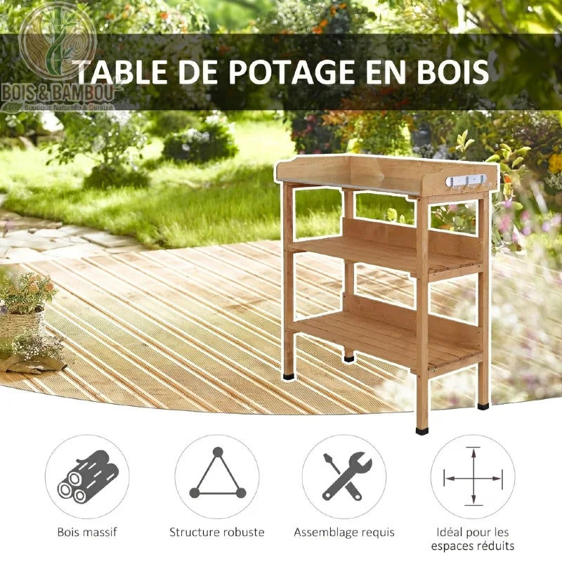 Table de potage bois massif 3 niveaux en situation jardin