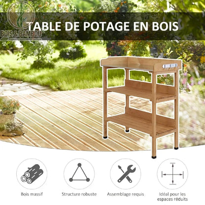 Table de potage bois massif 3 niveaux en situation jardin