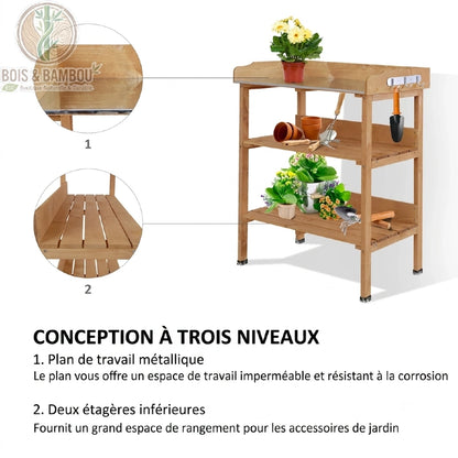 Table plantation bois plan de travail métallique et étagères à lattes détail