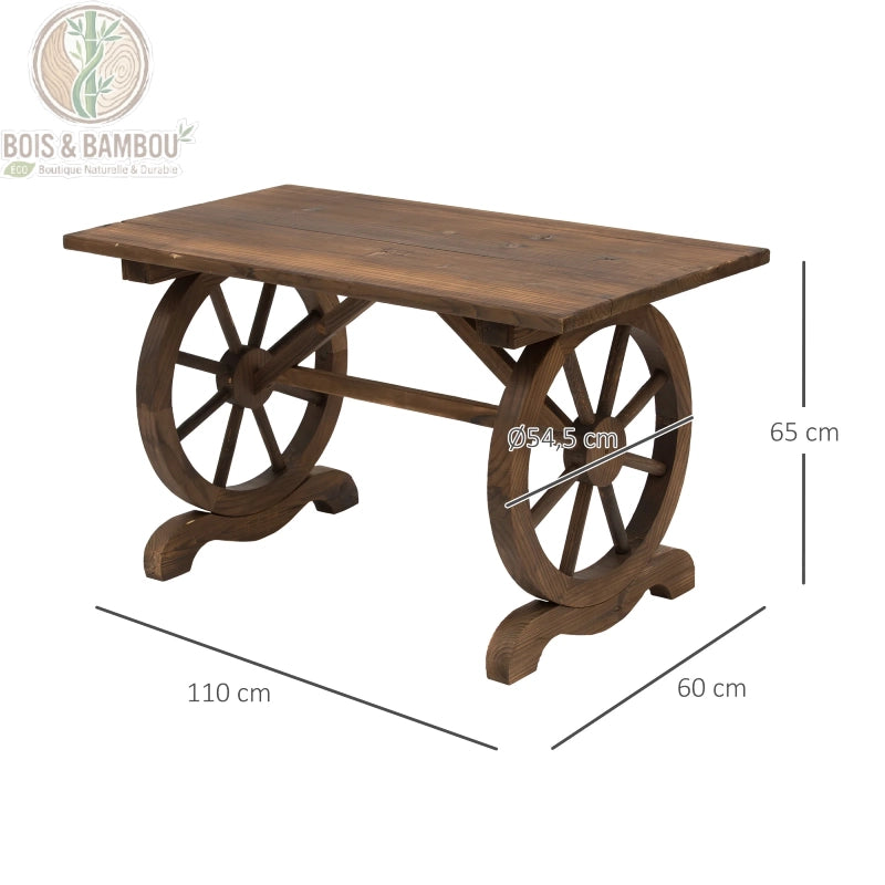 Table en bois massif de Jardin Rustique dimensions. Schéma technique d'une table rustique en bois massif affichant ses mesures : 110x60x65 cm, avec des pieds en forme de roues de 54,5 cm de diamètre.
