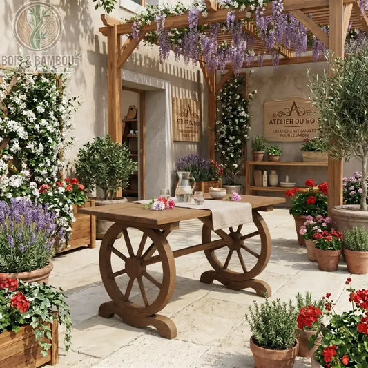 Table de Jardin Rustique. Une table en bois massif de style campagnard avec des pieds originaux en forme de roues de charrette, posée sur une grande terrasse fleurie .