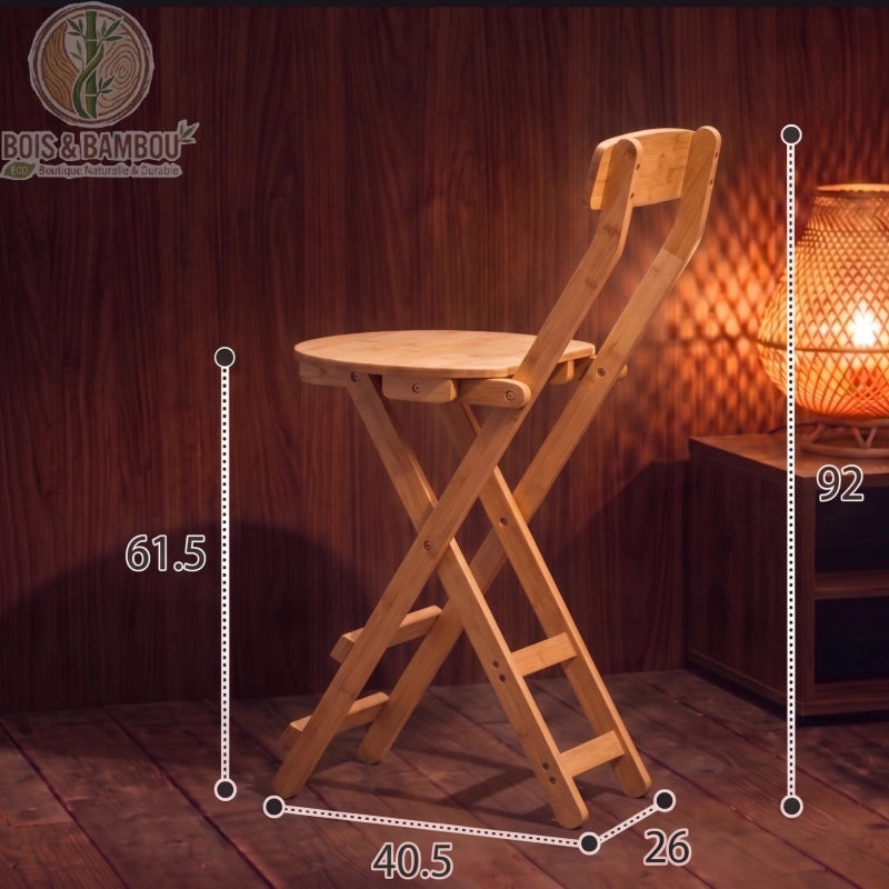 Tabouret de Bar en Bambou claire dimensions 4. Schéma d'un tabouret pliant en bambou clair avec ses mesures : hauteur totale 92 cm, assise à 61,5 cm, largeur 40,5 cm et profondeur 26 cm.