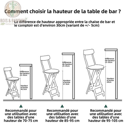 Tabouret de Bar en Bambou descriptifs. Guide illustré pour choisir la hauteur de table idéale selon l'assise du tabouret (46.5, 61.5 ou 69 cm), recommandant un écart de 25-35 cm avec le comptoir.