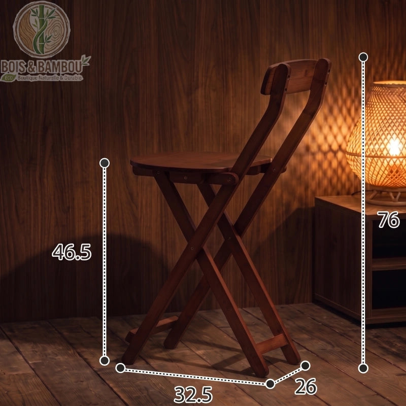Tabouret de Bar en Bambou marron dimensions 2. Infographie d'un tabouret pliant marron avec ses mesures : hauteur totale 76 cm, assise à 46,5 cm, largeur 32,5 cm et profondeur 26 cm.
