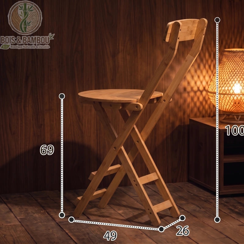 Tabouret de Bar en Bambou claire dimensions 5. Schéma d'un tabouret pliant en bambou clair avec ses mesures : hauteur totale 100 cm, assise à 69 cm, largeur 49 cm et profondeur 26 cm.