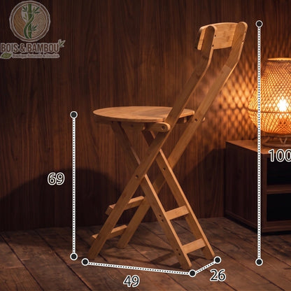 Tabouret de Bar en Bambou claire dimensions 5. Schéma d'un tabouret pliant en bambou clair avec ses mesures : hauteur totale 100 cm, assise à 69 cm, largeur 49 cm et profondeur 26 cm.