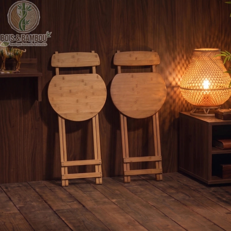Tabouret de Bar en Bambou situation 4. Deux tabourets pliants en bambou adossés à un mur en bois, à côté d'une lampe tressée allumée, illustrant un rangement compact et élégant.