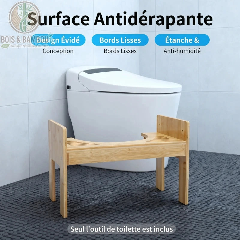 Tabouret de toilette en bambou descriptif. Infographie montrant les atouts du marchepied : surface antidérapante, design évidé, bords lisses et matériau étanche anti-humidité pour la salle de bain.