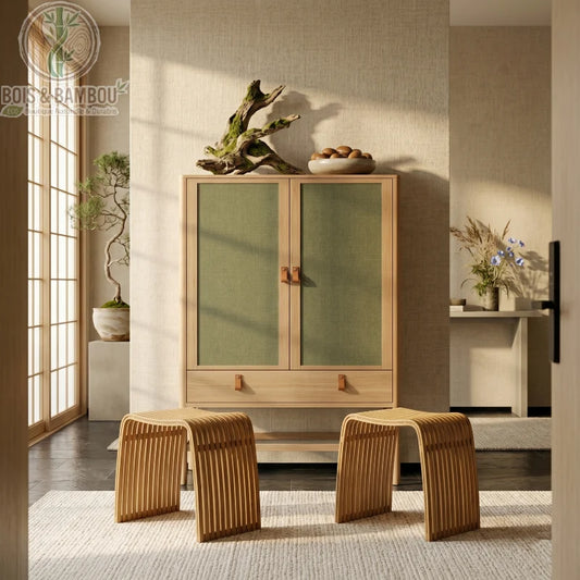 Tabouret moderne en bambou Nan situation avec deux sièges incurvés en lattes de bois placés devant un meuble de rangement.
