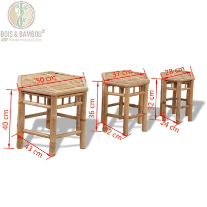 Tabourets en Bambou Empilable dimensions. Infographie présentant les trois tailles : grand (50x40 cm), moyen (37x36 cm) et petit (28x32 cm), idéals pour un rangement gigogne pratique et naturel.