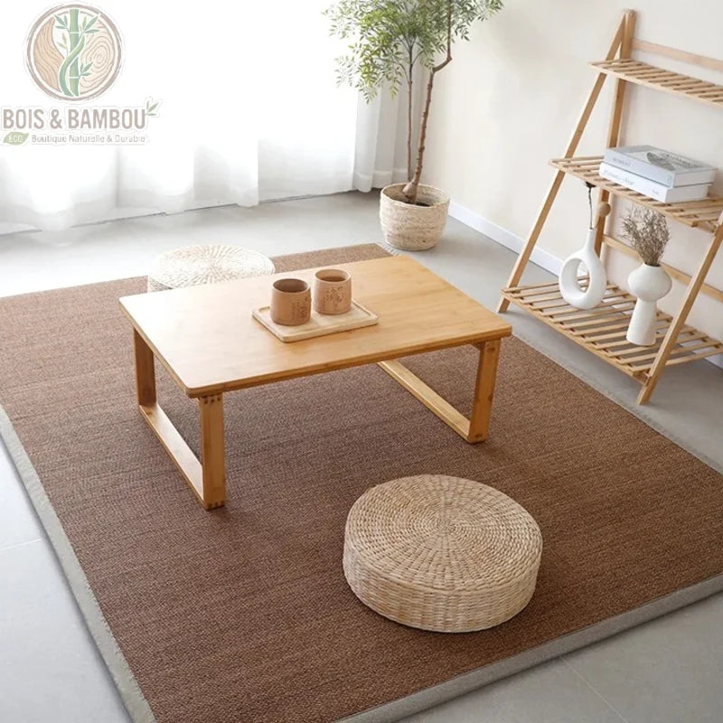 Tapis tatami japonais coloris foncé brun salon style zen table basse bois
