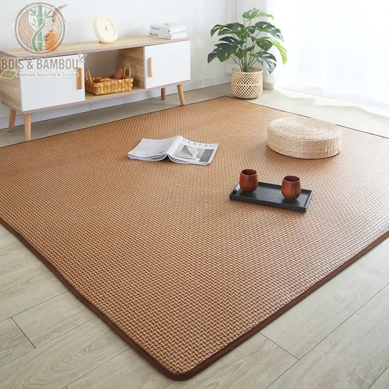 Tapis rotin caramel uni lattes chevron salon style japonais antidérapant