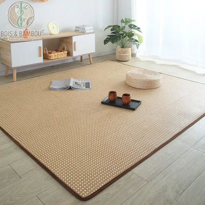Tapis rotin doré tressé carré beige salon épuré style japonais contemporain