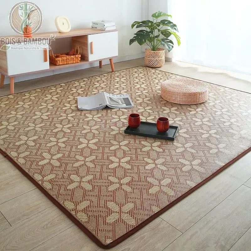 Tapis rotin floral étoilé motif rosaces brun beige salon style asiatique