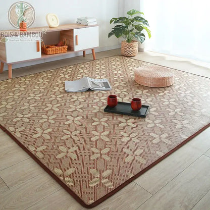 Tapis rotin floral étoilé motif rosaces brun beige salon style asiatique