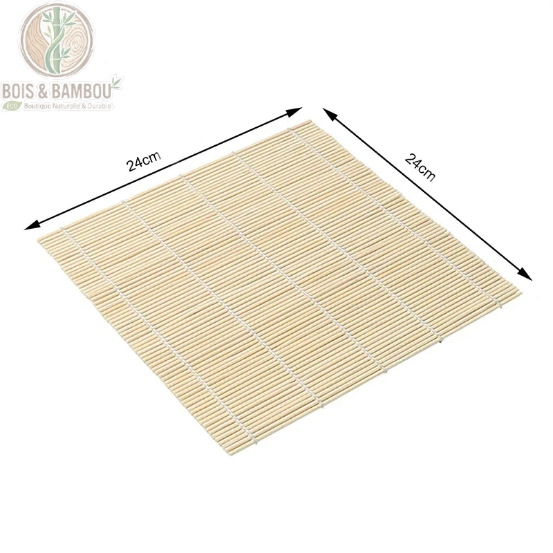 Tapis a Sushi en Bambou 24x24 cm lamelles bambou naturel surface lisse fond blanc BoisetBambouEco