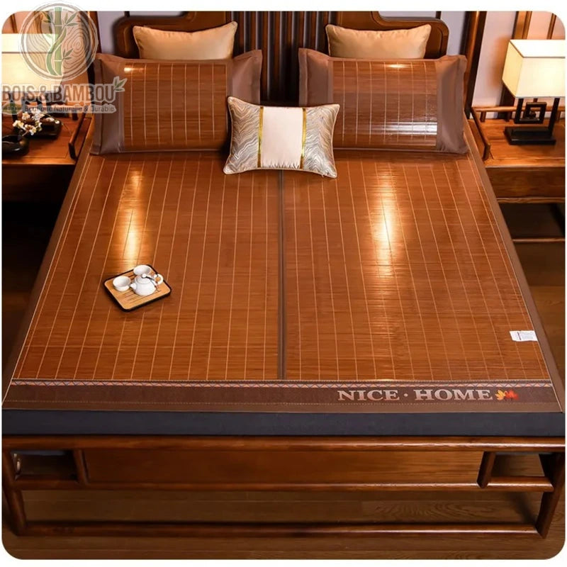 Tapis de lit en bambou naturel modèle uni lattes brun chaud lit double style chinois