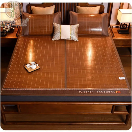 Tapis de lit en bambou naturel modèle uni lattes brun chaud lit double style chinois