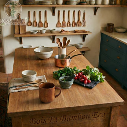 Tasse bois naturel vintage en situation sur table de cuisine rustique