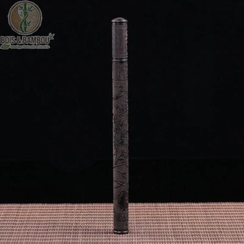 Tube encens ébène noir motif Pélycosaure, gravures géométriques et symboliques