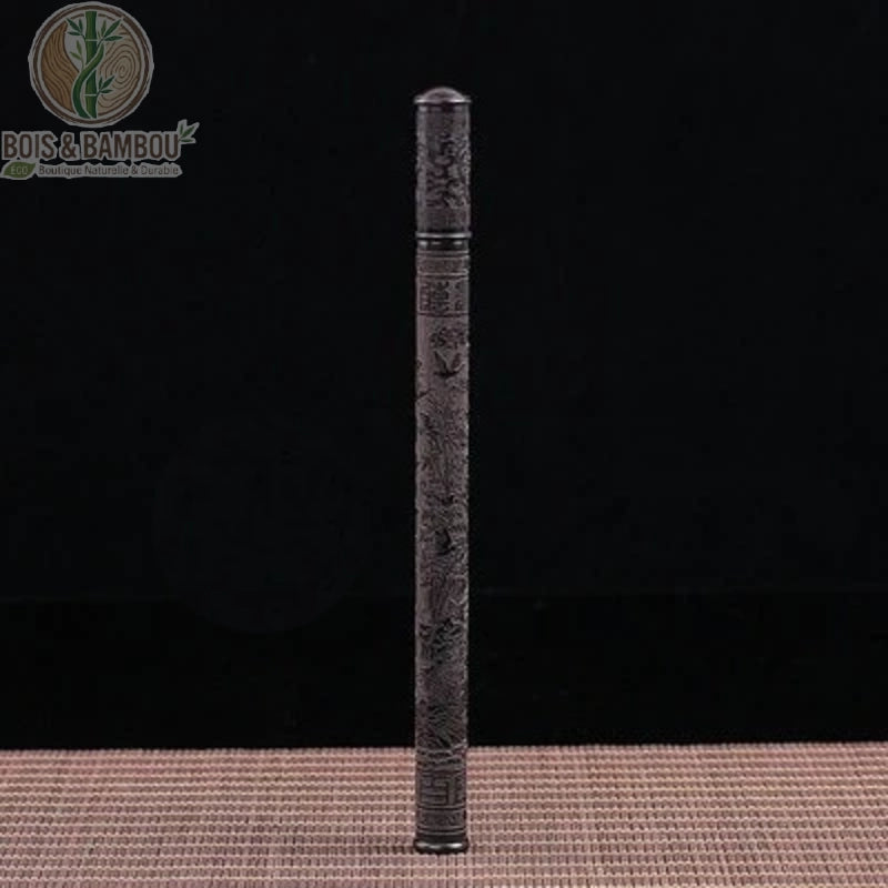 Tube encens ébène noir motif Fukurokuju, sculpture sur bois massif sombre