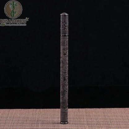Tube encens ébène noir motif Fukurokuju, sculpture sur bois massif sombre