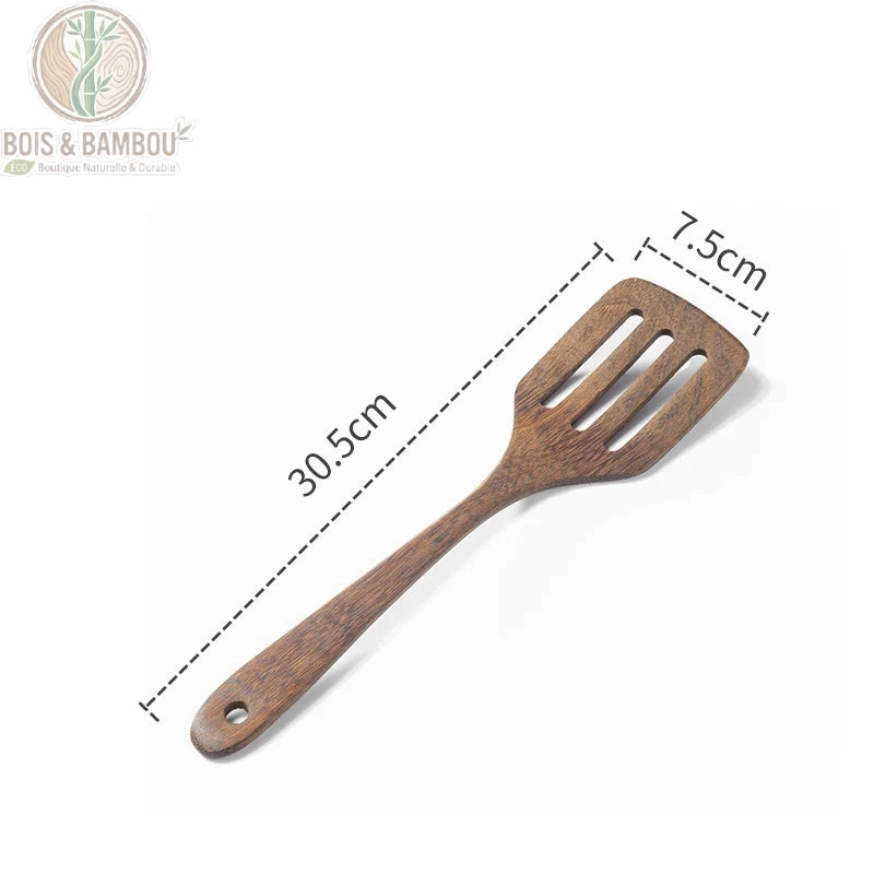 Ustensiles cuisine wenge spatule ajouree 30,5 x 7,5 cm quatre fentes pour egoutter, dimensions, Bois et Bambou Eco