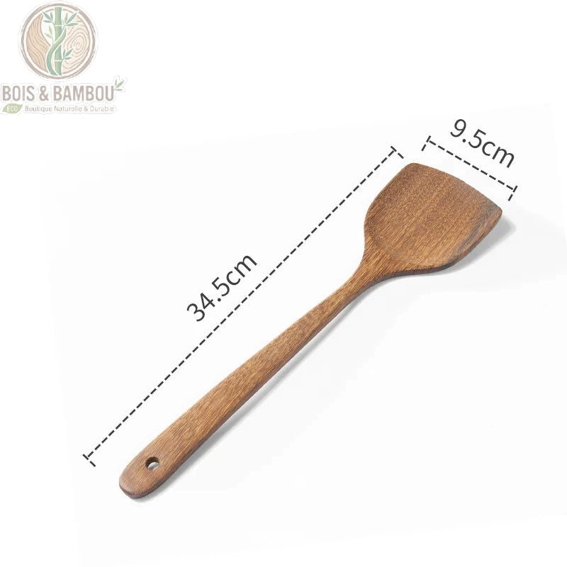Ustensiles cuisine wenge spatule large 34,5 x 9,5 cm angulaire vue de face avec dimensions, Bois et Bambou Eco