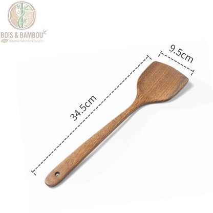 Ustensiles cuisine wenge spatule large 34,5 x 9,5 cm angulaire vue de face avec dimensions, Bois et Bambou Eco