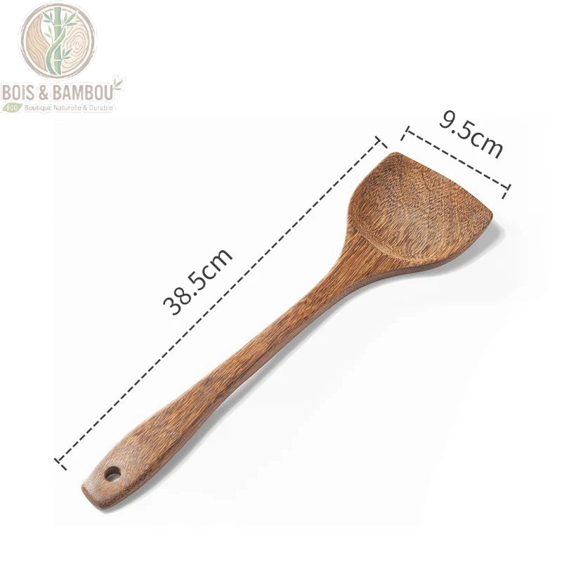 Ustensiles cuisine wenge spatule XL 38,5 x 9,5 cm pour wok vue de face avec dimensions, Bois et Bambou Eco