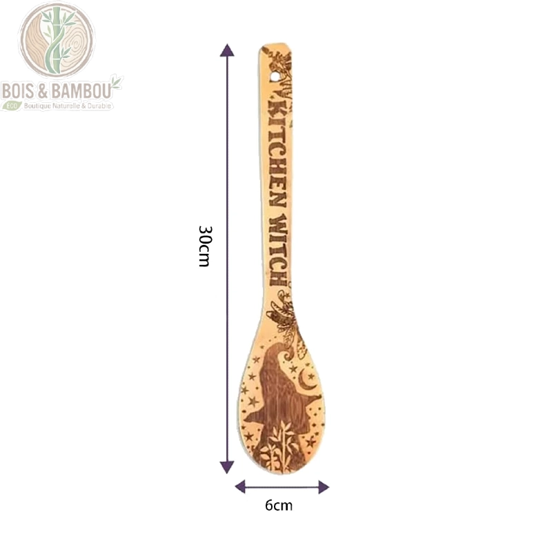 Set 3 Cuilleres en Bambou Gravure Sorciere dimensions 30x6 cm ustensile bambou naturel fond blanc BoisetBambouEco