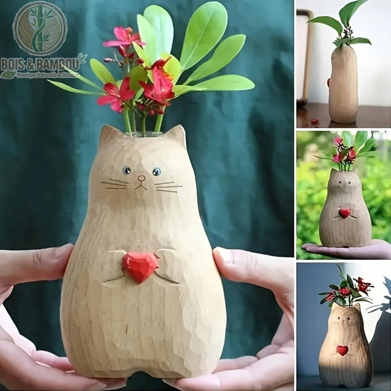 Vase chat bois sculpté fait main avec fleurs intérieur salon déco