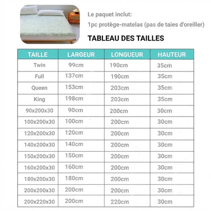 Tableau des tailles de l'alèse en bambou imperméable