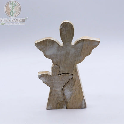 Ange en bois de manguier blanchi, vue de dos, motif protecteur, grand et petit ange