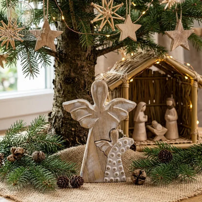 Ange en bois de manguier blanchi, motif protecteur, décoration de Noël sous un sapin