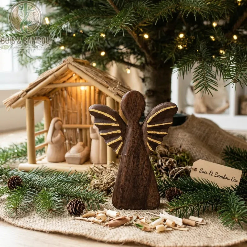 Ange en bois de manguier doré, grand modèle, décoration de Noël sous un sapin